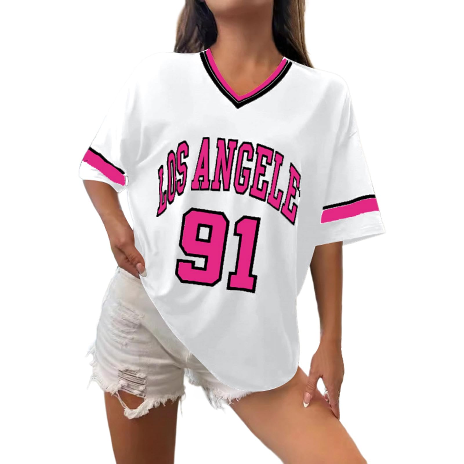 Women's Los Angeles Shirt Baseball Jerseys Oversized Y2k Number Shirts Graphic Striped Trim Casual Shirt V Neck Streetwear Striped Graphic Tee Casual Top Summer Sports Shirt, O Hot Pink2, S