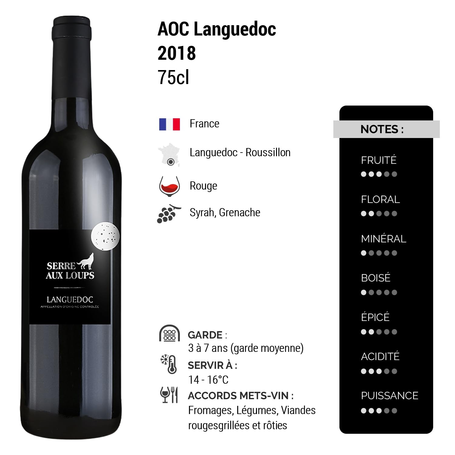 Languedoc - Rouge 2018 - Serre aux Loups - Vin Rouge du Languedoc - Roussillon (6x75cl)
