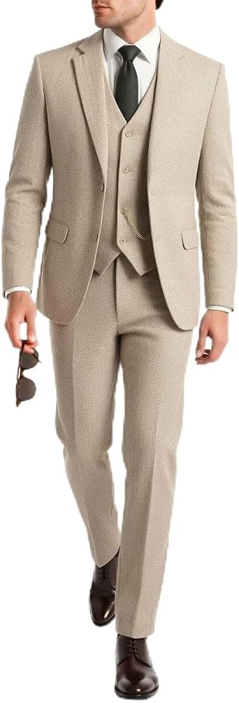 Retro Tweed Mens Suit Herringbone 3 Piece Suits Jacket Blazers Vest Pants