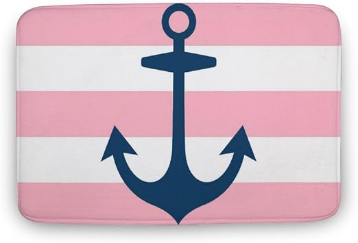 Nautical Navy Blue Anchor with Pink Stripes Bathroom Rugs, Non Slip & Absorbent Bath Mat Carpets for Bathroom, Entryway or Sink 20" x 32"