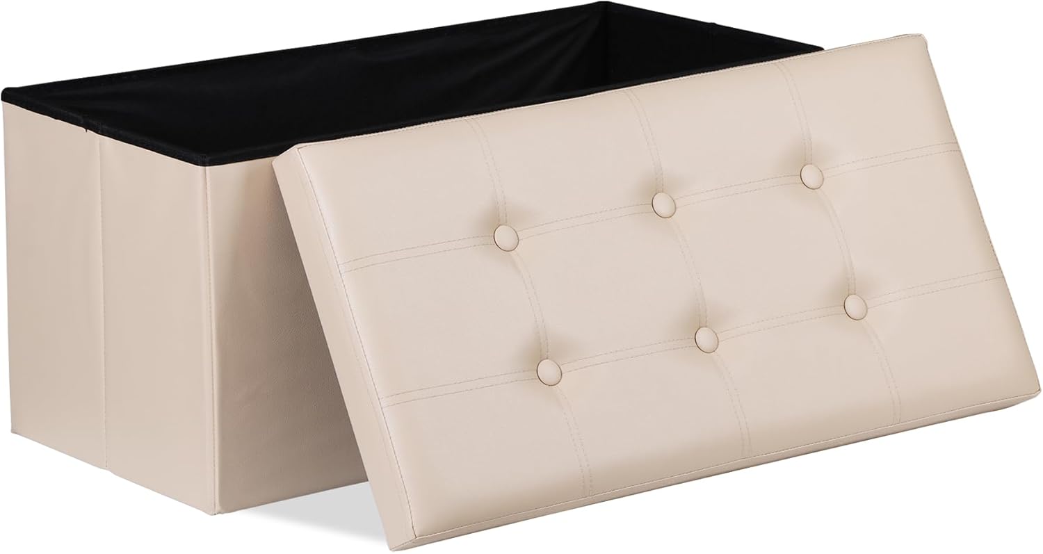 SUPER DEAL 30 inches Folding Ottoman with Storage, Bedroom Footrest Bench, Rectangle Sotrage Chest for Living Room Entryway, 30"x15"x15", 85L, Faux Leather, Black