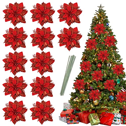 Vanleonet 12 peças de flores artificiais de poinsétia com glitter de Natal, decorações de flores de