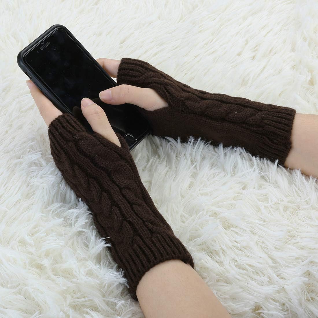 Allegra K Women's Ribbed Wrist Arm Warmers Stretchy Cable Knitted Fingerless Gloves image 4