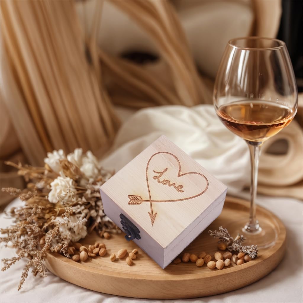 Handcrafted Pine Wood Box with LOVE Arrow Carving – 9×9×5.9 cm, Ideal for Jewelry, Watches, and Gift Packaging