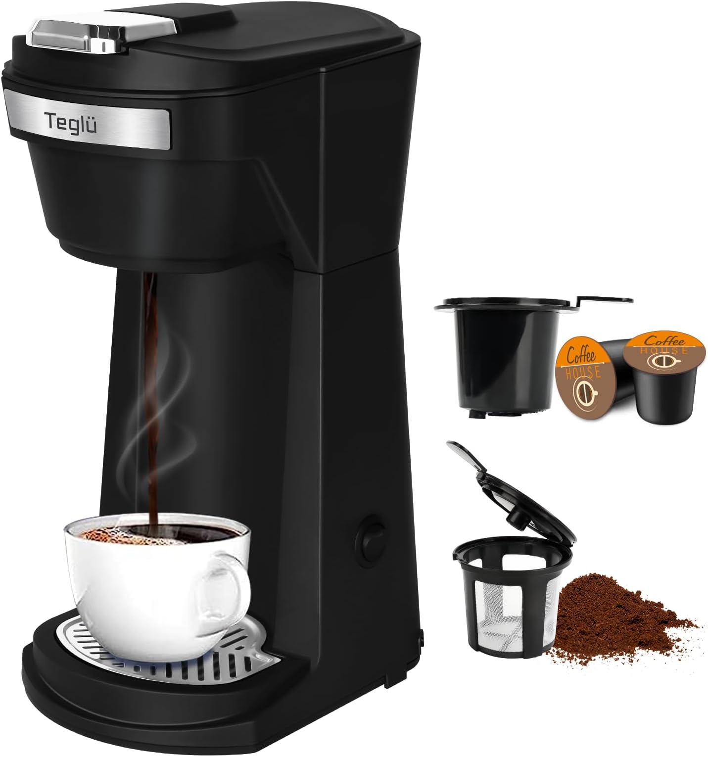 2 in 1 Single Serve Coffee Maker for K Cup Pods & Ground Coffee, Mini Coffee Machine with 6 to 14 oz Brew Sizes, Single Cup Coffee Brewer with One-Press Fast Brewing, Reusable Filters, Black