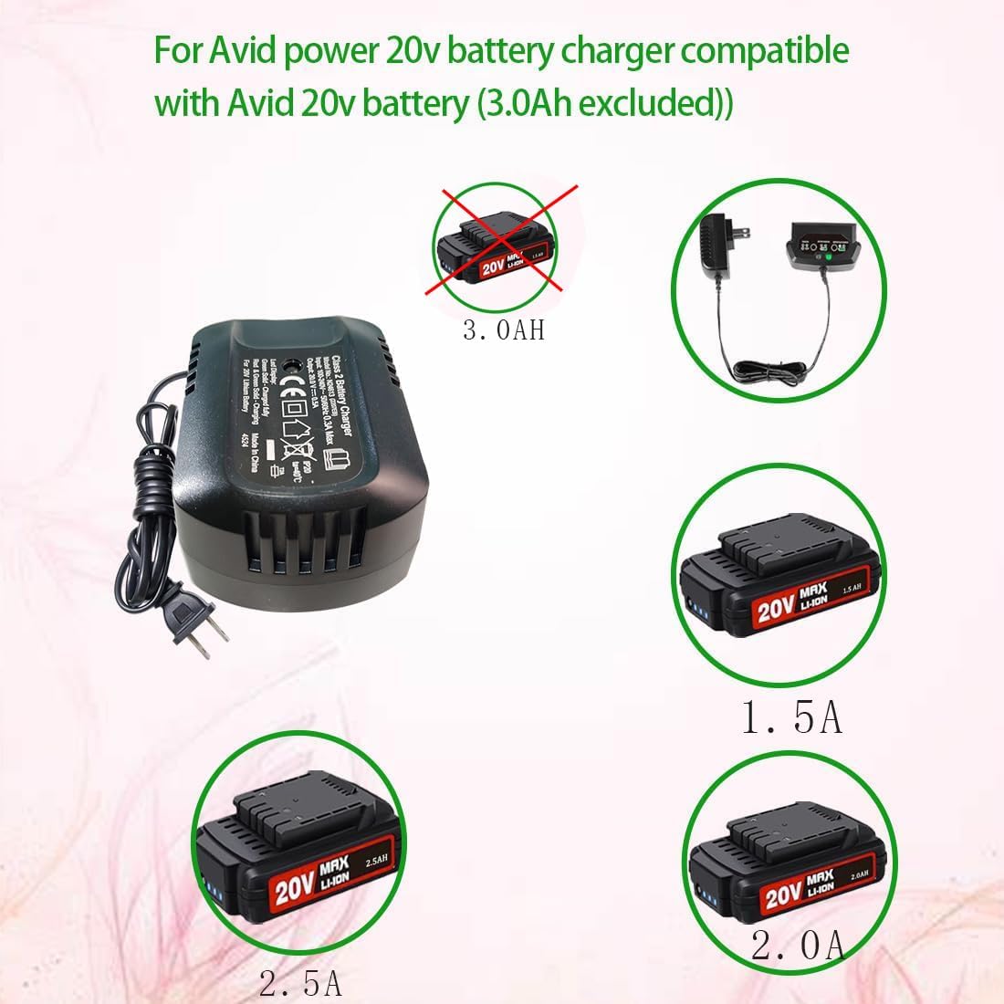 20v Max for Avid Power 20V Lithium Battery Charger to Charge Avid 20V Battery AP30B-H Compatible with Impact Wrench ACIW326, ACIW326-B（not for 3A Battery ）