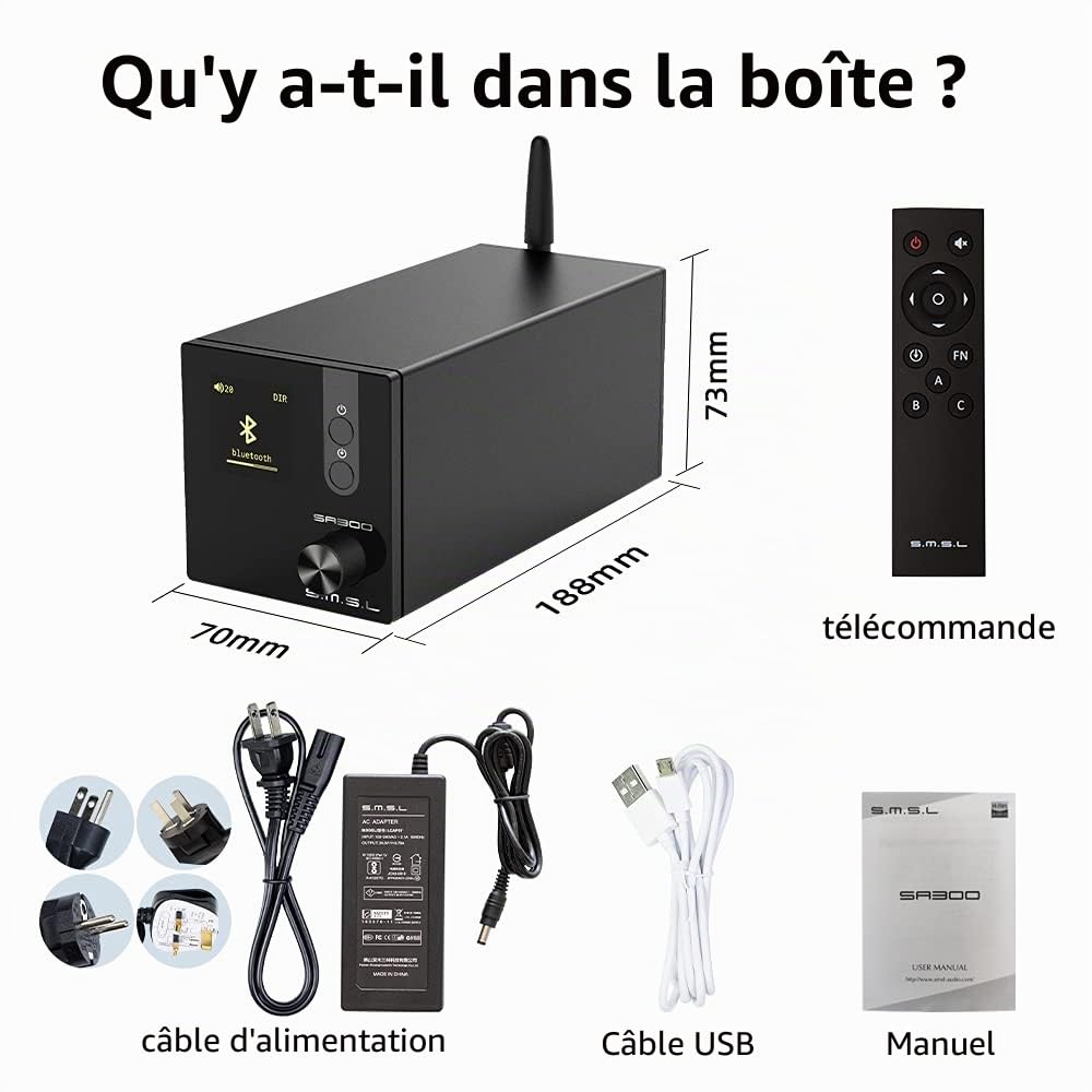 S.M.S.L Amplificateur numérique HiFi SA300, Puce MA12070 d'Infineon 80 W x 2 ampli de Puissance Classe D, entrée RCA USB Bluetooth 5.0 APTX, Plusieurs Modes d'égalisation avec télécommande (Noir)