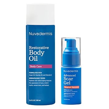 NUVADERMIS Restorative Body Oil & Scar Gel Bundle | Body Oil with Argan Oil, Rosehip Oil & Vitamin E + Transparent Gel Formula with Retinol & Vitamin E