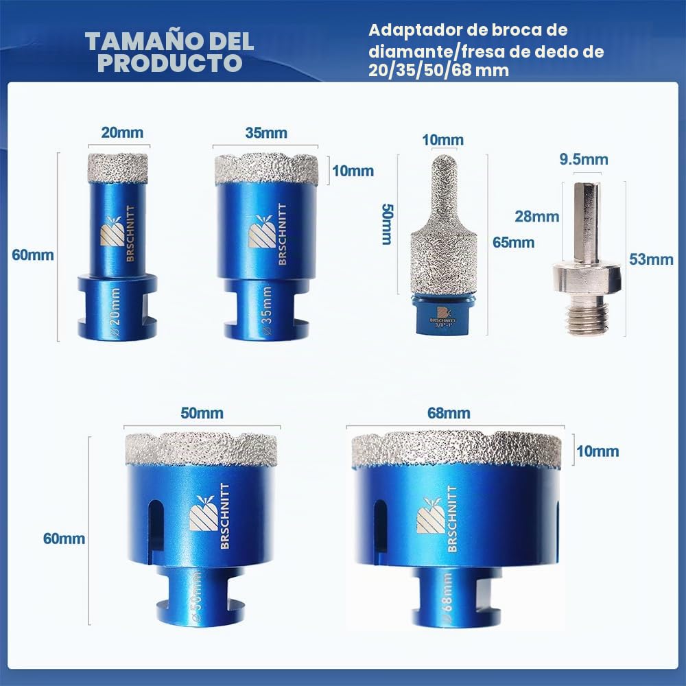 Juego de Taladros de Brocas de Diamante para Azulejos de 20/35/50/68 mm y Fresa de Diamante de 10-25 mm, un Adaptador para Porcelana, Azulejos, Granito, Mármol, Perforación en Seco