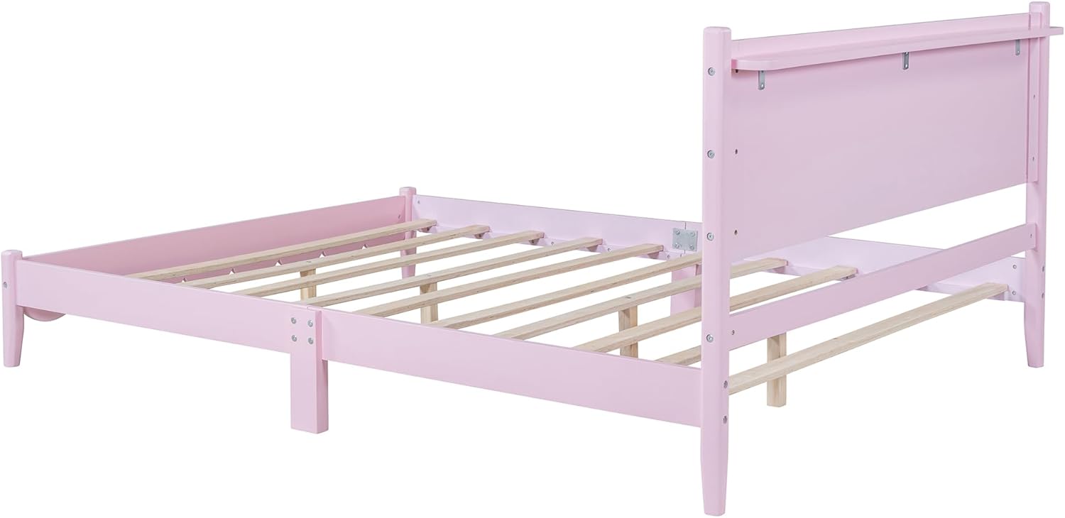 Merax Queen Size Bed Frame with Headboard, Solid Wood Platform Bed with Simple Retro Style, Pink