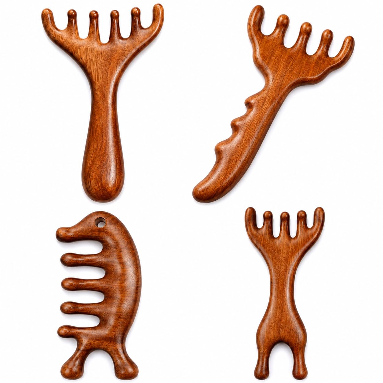 Wooden Head Massage Comb Scalp Massager | 4 Piece Set | BROWN