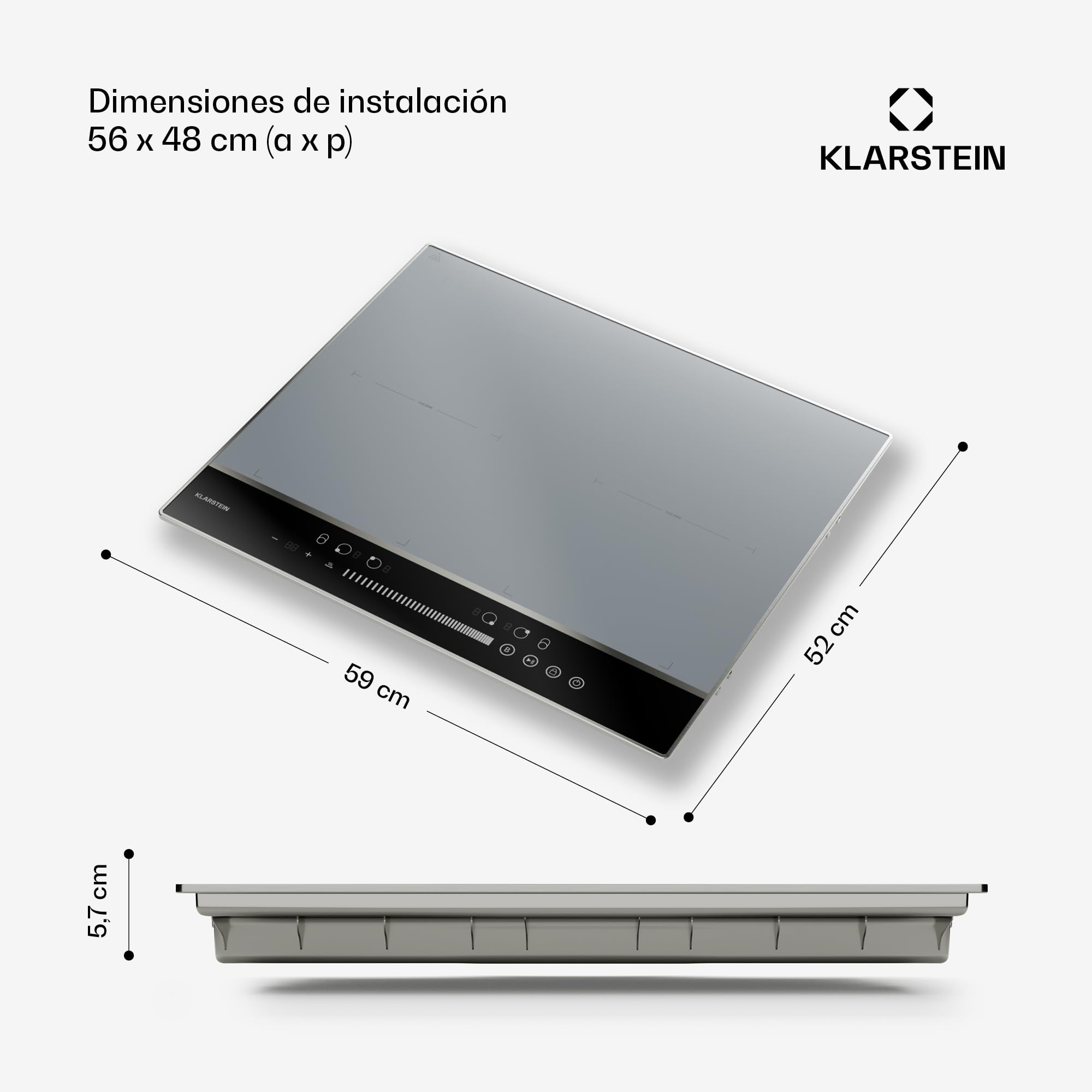Klarstein DualTone Flex Placa Inducción - 4 Zonas Flexibles, 7200W, Control Deslizante, Thermoboost, Temporizador, Marco de Aluminio, Pantalla Led Blanca, Plateada