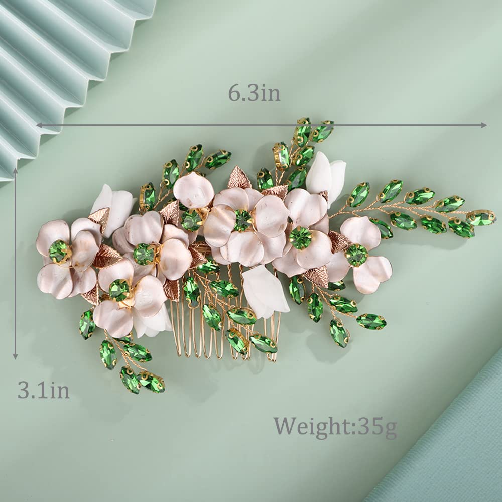 Kercisbeauty Emerald Green Crytal Hair Comb Gold Flower Beaded Hair Piece for Wedding Brides Bridesmaid Girls Prom Hair Accessories(Green) - Image 2
