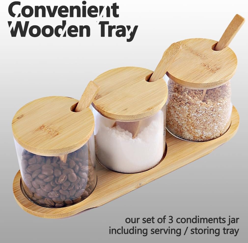 Condiment Containers with lids 12 pack Seasoning Box Condiment Pots Jars with Spoons Container for Spice Salt Sugar Cruet (bamboo 4 set)
