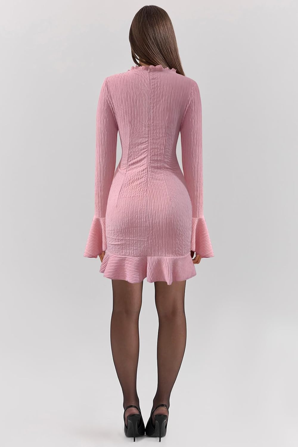 Women's Cocktail Bodycon Sexy Plunge Ruffle Hem Mini Dress Long Flare Bell Sleeve Cocktail Club Party Short Dress - Image 4