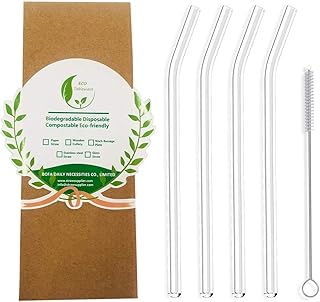 Clear Flexible Glass Straws Reusable 4 with Cleaning Brush, Eco Friendly Bent Glass Drinking Straws for Cocktail, Beverages, Shakes, Juices, Smoothies