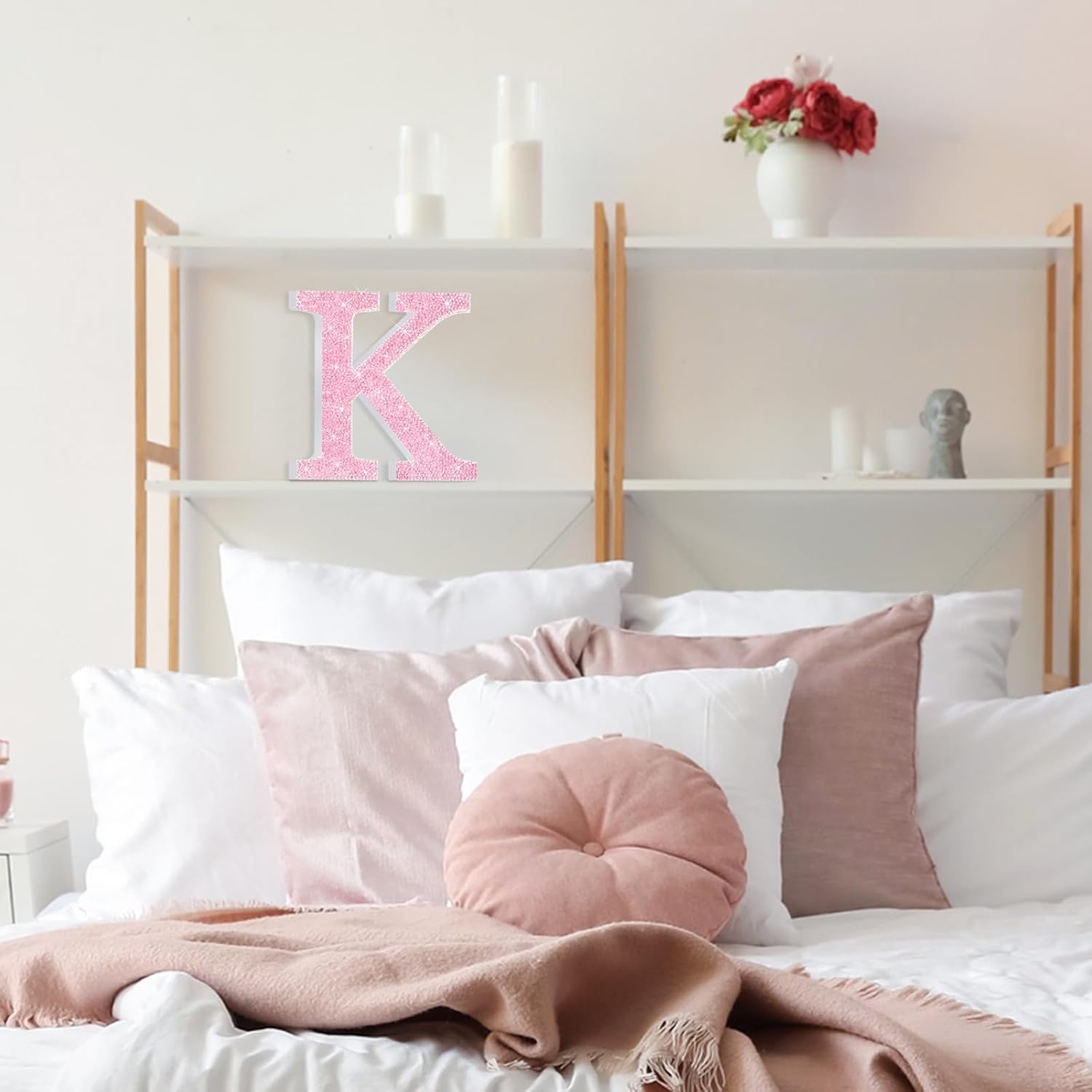 Qunclay Pink Crystal Diamond Letter Wall Decor, Glitter Wooden Bling Letters with Screws & Hooks, Standing Letters for Bedroom Vanity Table Y2k Mcbling Birthday Party Decor(Letter K,12''l X 12"w)