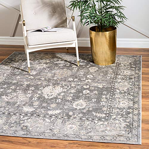 Rugs.com Oregon Collection Rug – 4 Ft Square Gray Low-Pile Rug Perfect for Living Rooms, Kitchens, Entryways