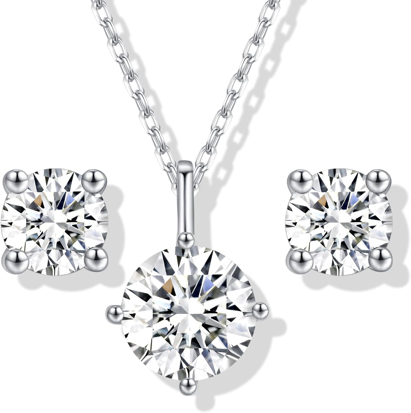 Moissanite Necklace and Earring Sets for Women | White Gold Plated/S925 Sterling Silver Diamond Jewelry Sets 1CT/2CT