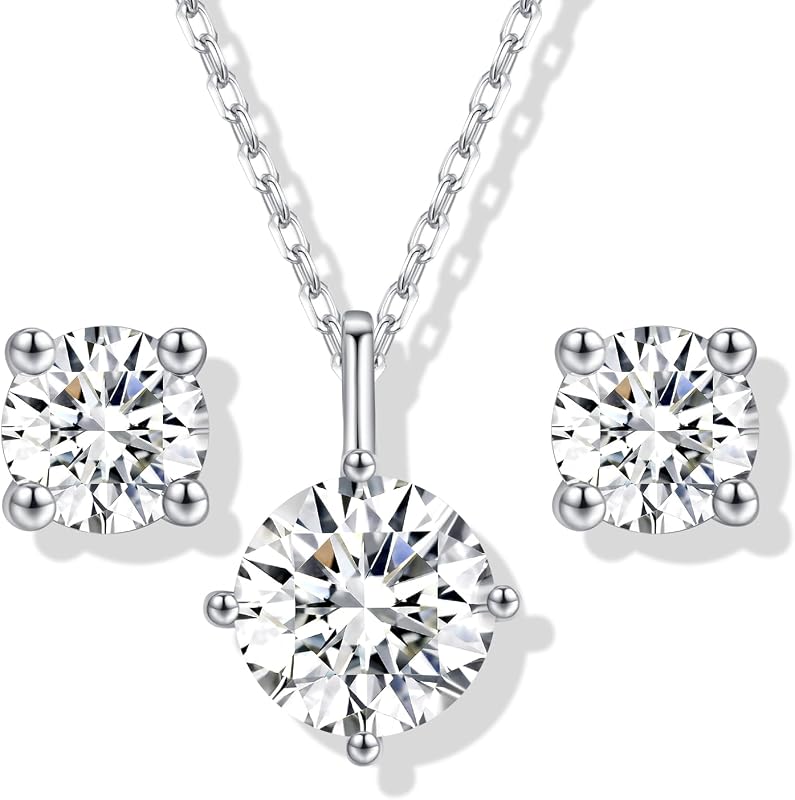 Conjuntos de collar y aretes de moissanita para mujer | Conjuntos de joyas de diamantes de plata esterlina chapados en oro blanco/S925 1CT/2CT