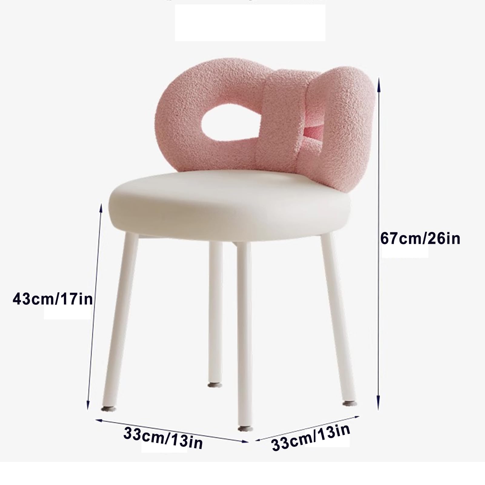 Sedia da toeletta con fiocco posteriore, sgabello da trucco senza braccioli in velluto con gambe in metallo, per camera da letto, soggiorno, spogliatoio (bianco)