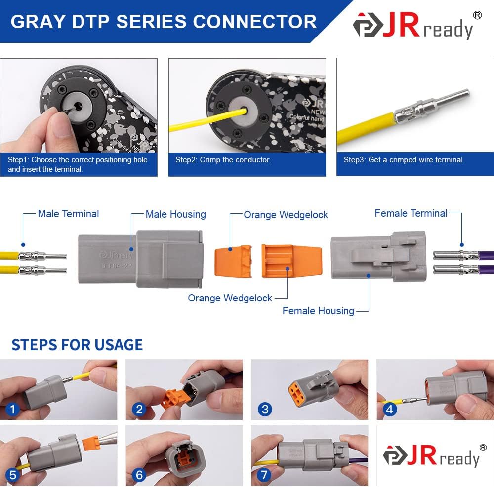 JRready ST6335 DTP Connector Kit, 2 Pin & 4 Pin Gray IP67 Waterproof Electrical Connectors, Size 12 Solid Contacts (12–16 AWG), 25A, Great for Off-Road/Marine/Trailer/RV