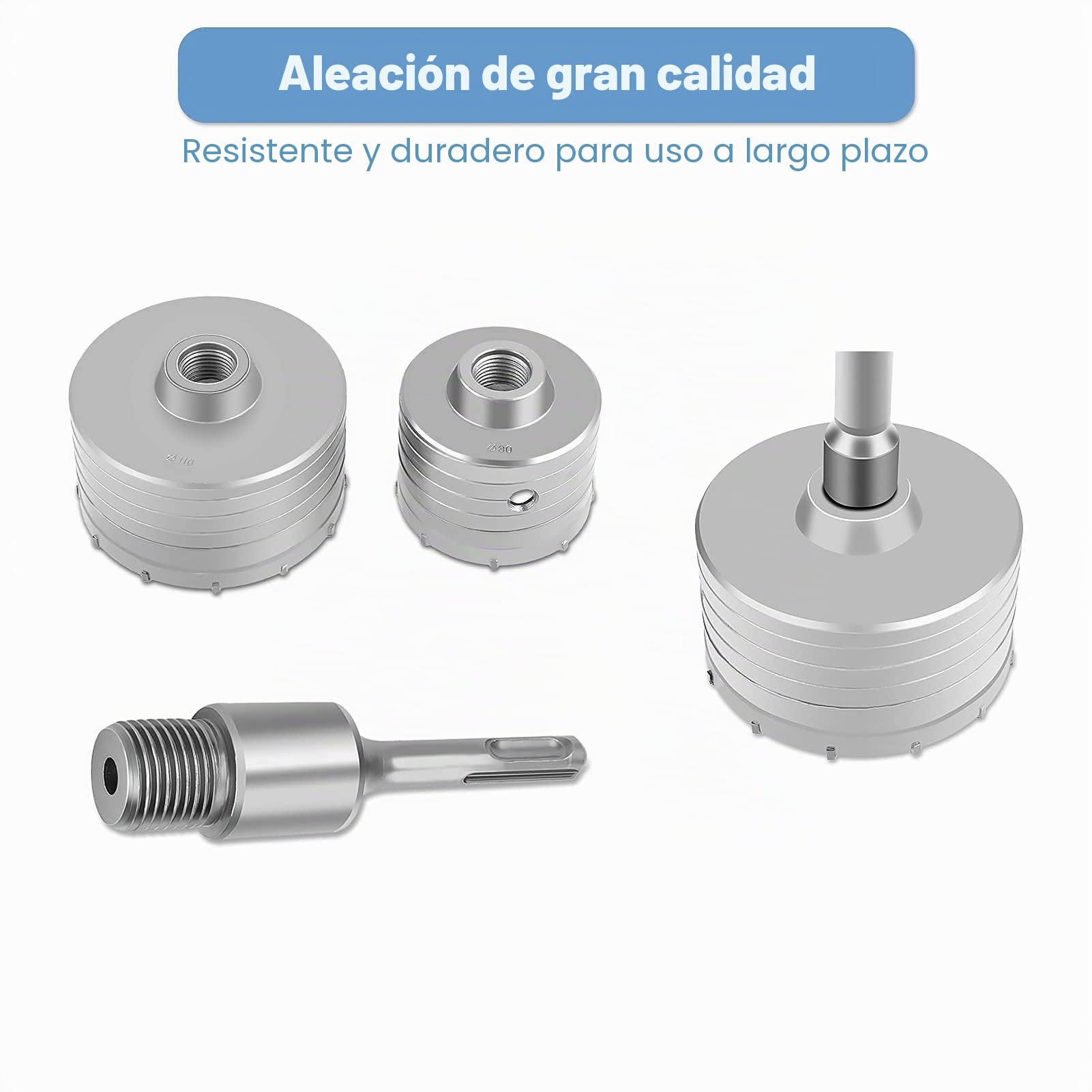 brocas multiuso Robust Line MultiConstruction 35 mm, 40 mm, 50 mm, 65 mm, 82 mm, 110 mm, con broca de guía, vástago de 350 mm, vástago de extensión SDS Plus de 300 mm