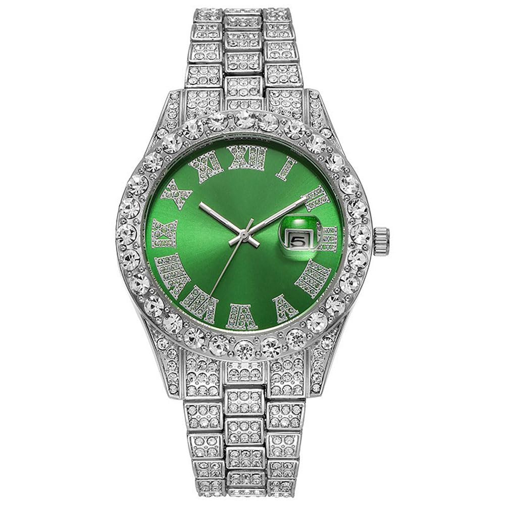 Paquete de 3 relojes con diamantes para hombre, calendario, acero inoxidable, hip hop, esfera grande, números romanos, esfera de cuarzo, juego a granel para hombre