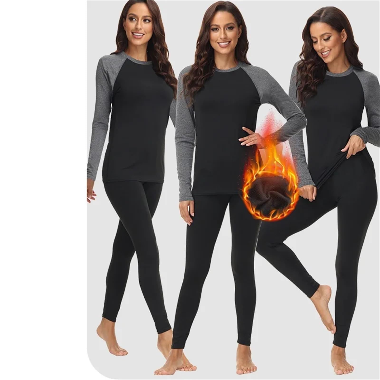 Ropa Interior térmica Cuello Redondo Manga rotadora Patchwork otoño e Invierno más Forro Polar Grueso cálido Conjunto de Ropa Larga for Mujer para Esquí,Moto