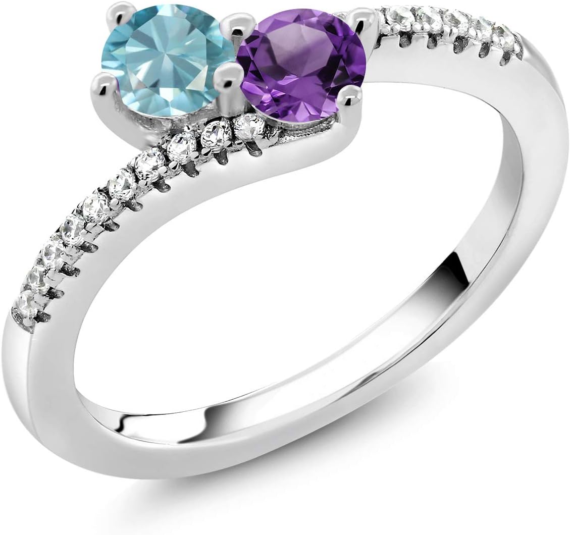 Gem Stone King Two-Stone Bypass Ring for Women in 925 Sterling Silver | 4MM Round Gemstone Birthstone and Purple Amethyst | Crossover Anniversary Engagement Wedding Promise Ring | Sizes 5, 6, 7, 8, 9
