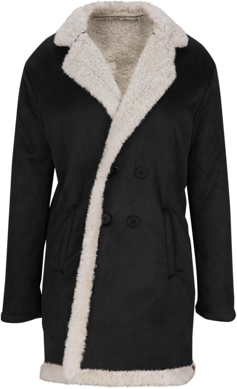 Fleece Jacket Women Suede Faux Sherpa Lined Coats Double Breasted Long Peacoat Winter Warm Thick Overcoat - Image 9