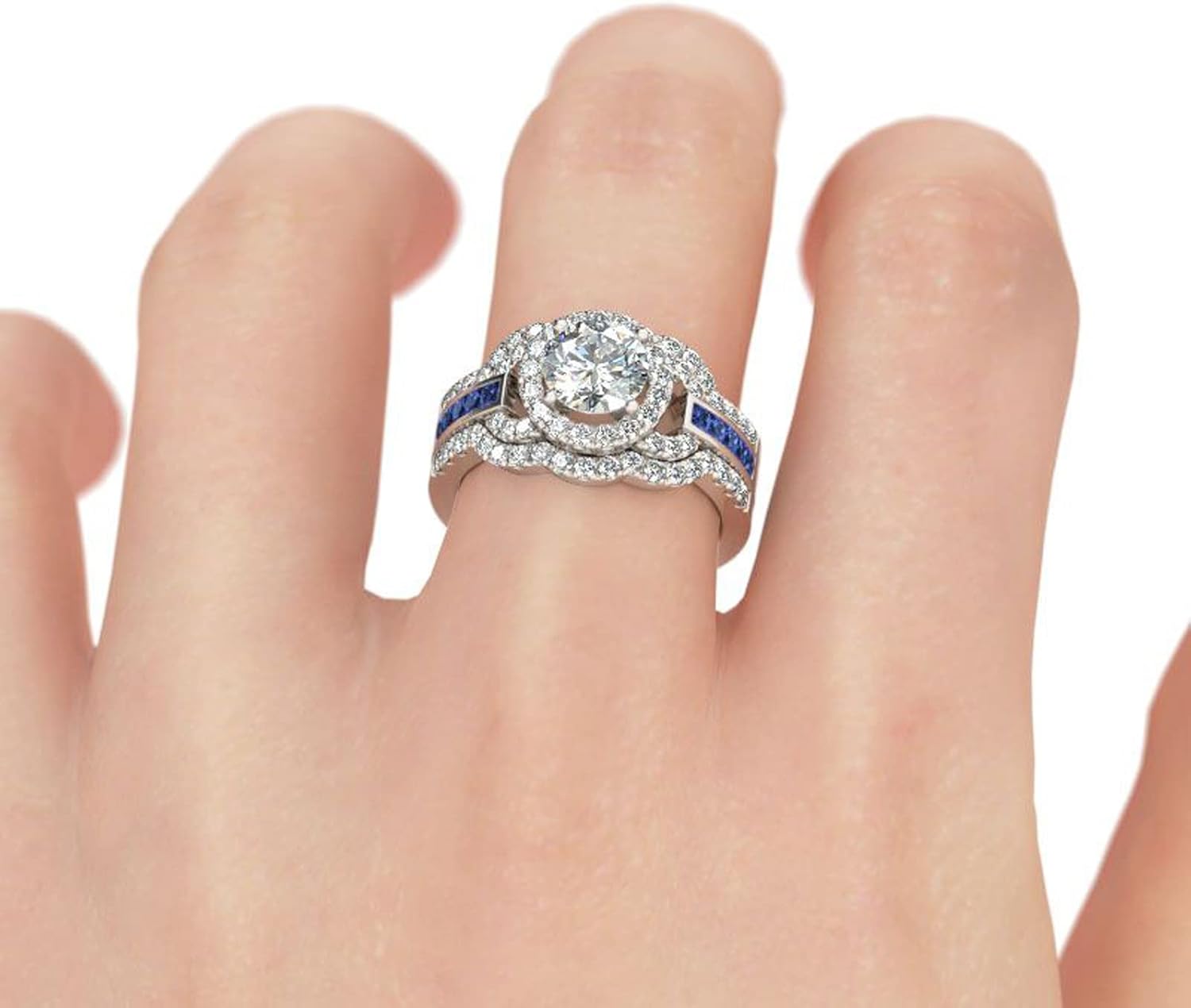 Jeulia 3PC Wedding Ring Set for Women: Sterling Silver Round Cut Halo Engagement Band Diamond White Bridal Set Valentine's Anniversary with Jewelry Gift Box