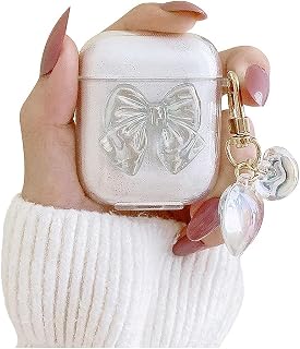 Ownest Compatible with AirPods Case Glitter Airpods 2nd Generation Case Clear TPU Cute Crystal Bow Design Aesthetic with Sparkly Heart Keychain Accessories Girls Cover for Airpods 2&1 - Glitter