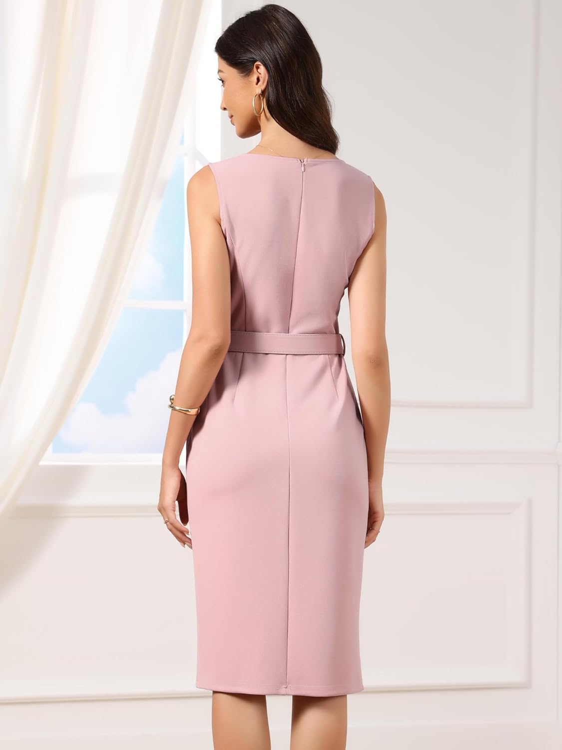 Allegra K Work Dress for Women's Sleeveless Square Neck Formal Belted Bodycon Midi Dress - Image 2