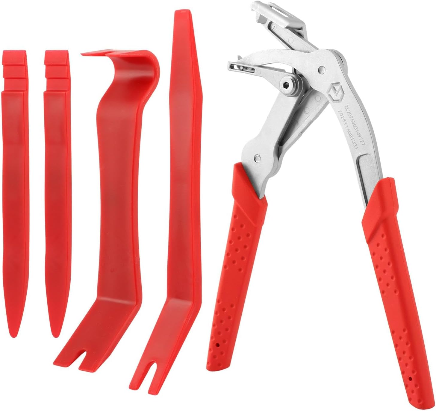Car Clip Pliers Set, Spring Assisted Fastener Clip and Rivet Remover with 4 Point Support, 17-4 Stainless Steel Tool for Auto Door Panels and Interior Trim, Includes 4 Pry Tools