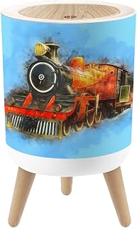 Small Trash Can with Lid Retro Stream Locomotive Train Railway Engine Painting Round Press Top Garbage Can with Legs Trash Bin Waste Basket for Kitchen Bedroom Bathroom 7L/1.8 Gallon