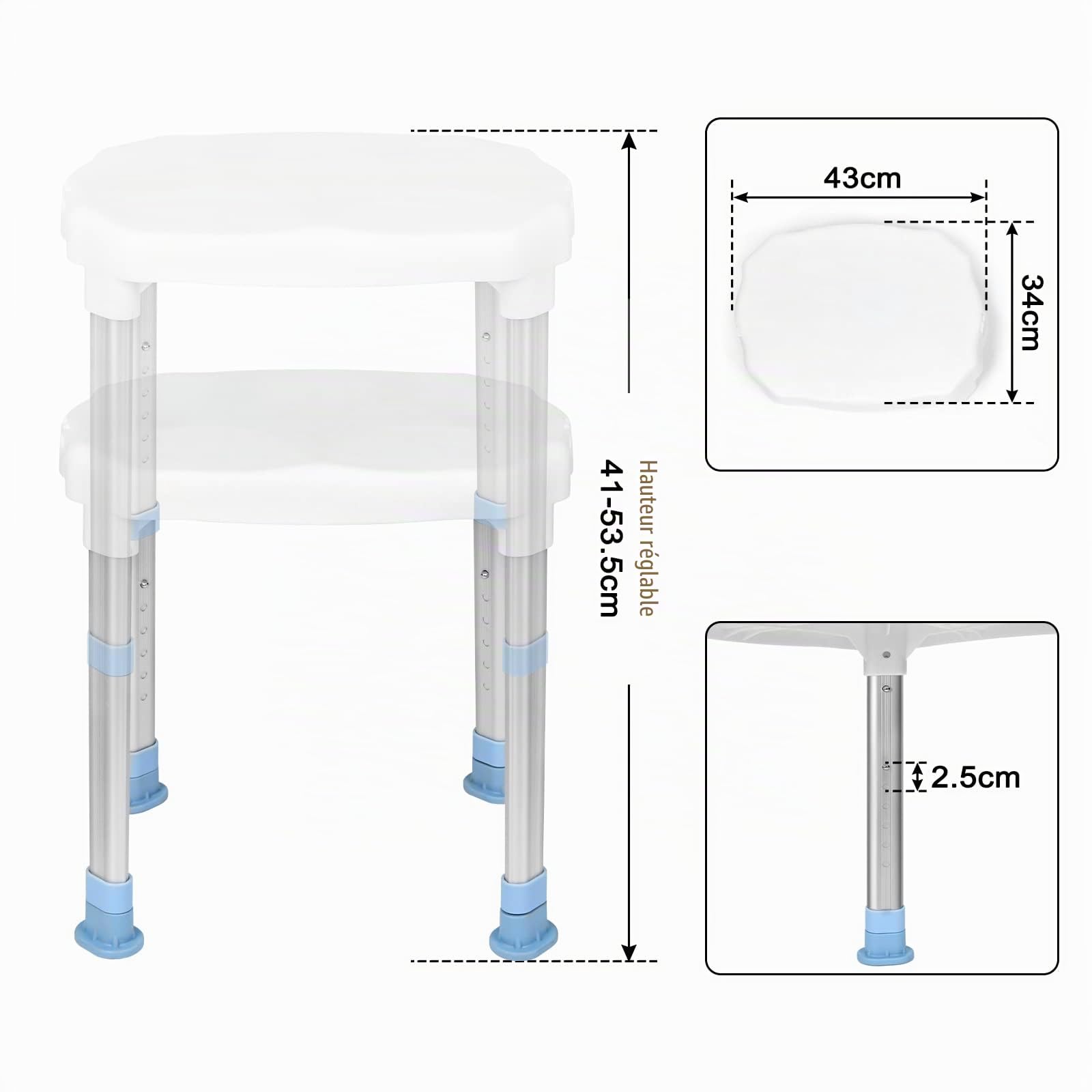 Tabouret de douche, chaise de douche pour personnes âgées, hauteur réglable 74-90 cm, rehausseur de siège de toilette, pieds antidérapants, siège de baignoire, type 11