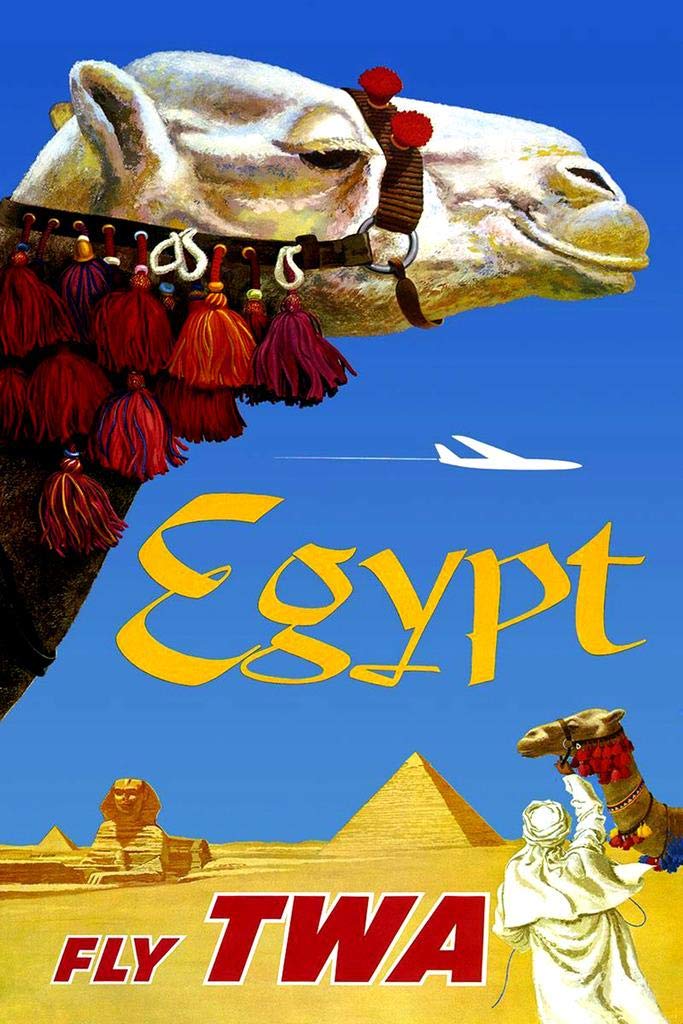 Laminated Visit Egypt Fly TWA Airlines Camel Pyramids Sphynx in Desert Vintage Illustration Tourism Travel Poster Dry Erase Wall Art 16x24