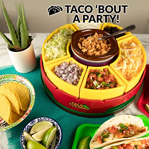 Taco Tuesday Heated Lazy Susan Taco Bar Serving Set For A Party With 4 Tortilla Holders, Fondue Pot For Burritos, Nachos, And Fajitas - 20 Oz. - Red #TOP1
