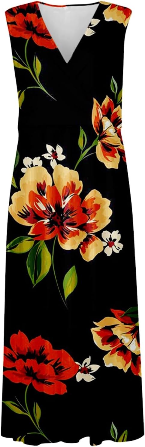 ZYXTIM Flowy Summer Dresses for Women 2024, V Neck Sleeveless Floral Maxi Dress, Casual Beach Vacation Party Cocktail Dresses