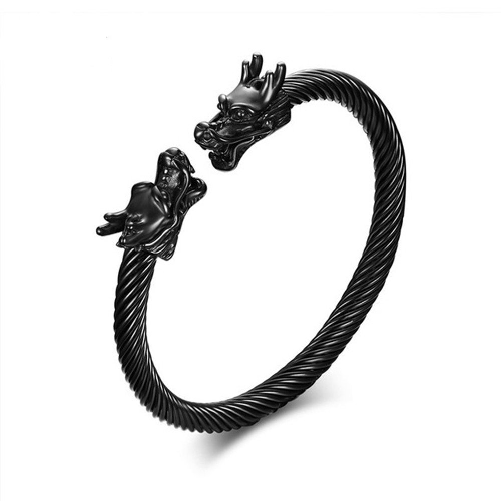 Yeegor Mens Bracelet Stainless Steel Double Heads Dragon Twisted Wire Viking Cuff Bangle Adjustable