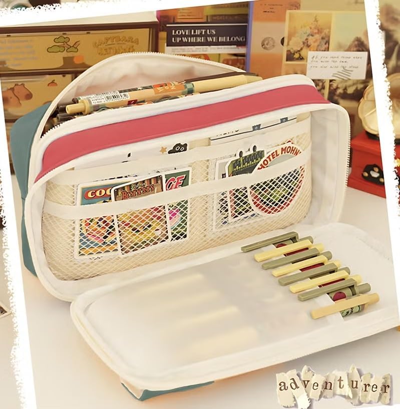 Image of Zqiue Large Capacity Cute Aesthetic Pencil Case with Multi Compartments, Multi-Pocket Pastel Pen Pouch Organizer with Zipper, Kawaii School Supplies Bag for Girls, Teens & Students