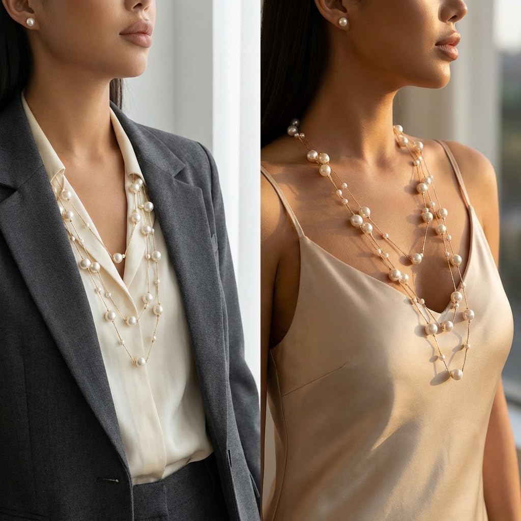 1 Set Long Pearl Necklace Earrings Set for Women, Dainty Multi Layered Chic Trendy Classic Elegant Style Women's Jewelry Statement Accessories Daily Wear Party