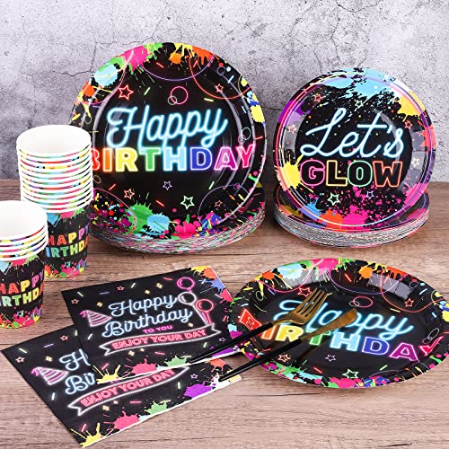 Durony 100 Piece Neon Glow Party Supplies - Glow In Dark Tableware Set Includes Paper Plates, Cups, Napkins - Neon Birthday Party Decorations - Serves 25 Guests - Thumbnail 5