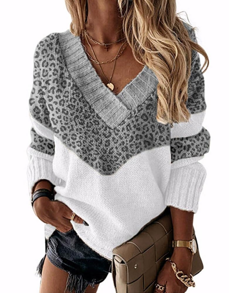 Womens Leopard Print Knitted Pullover Sweater Casual Loose V Neck Color Block Jumper Tops