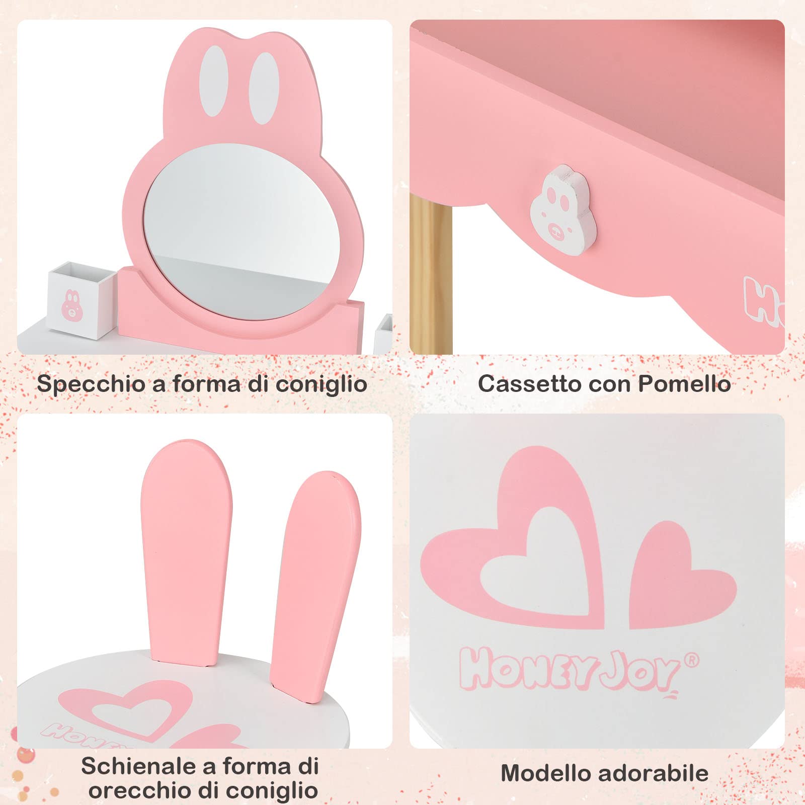 RELAX4LIFE 2 in 1 Toeletta Trucco Bambina con Sgabello, Scrivania con Specchio Rotondo Rimovibile, Cassetto con Manopola e 2 Organizer Porta Trucchi/Penne (Rosa)