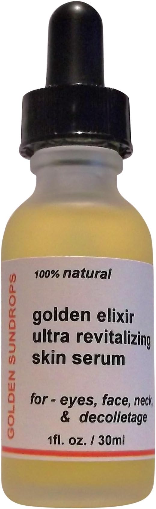 GOLDEN ELIXIR ULTRA REVITALIZING SKIN SERUM, FOR EYES, FACE,NECK, DECOLLETAGE, 100% NATURAL, RICH IN VITAMINS, MINERALS, PROTEINS, OMEGA 3 & OMEGA 6 FATTY ACIDS, HEALING AND REJUVENATING OILS AND EXTRACTS, REDUCES AND PREVENTS WRINKLES CAUSED BY DEHYDRATION AND GENERAL AGING, IN TWO SIZES, 1FL OZ / 30 ML, AND 2FL / 60 ML, MADE IN THE USA, (1FL OZ / 30 ML).