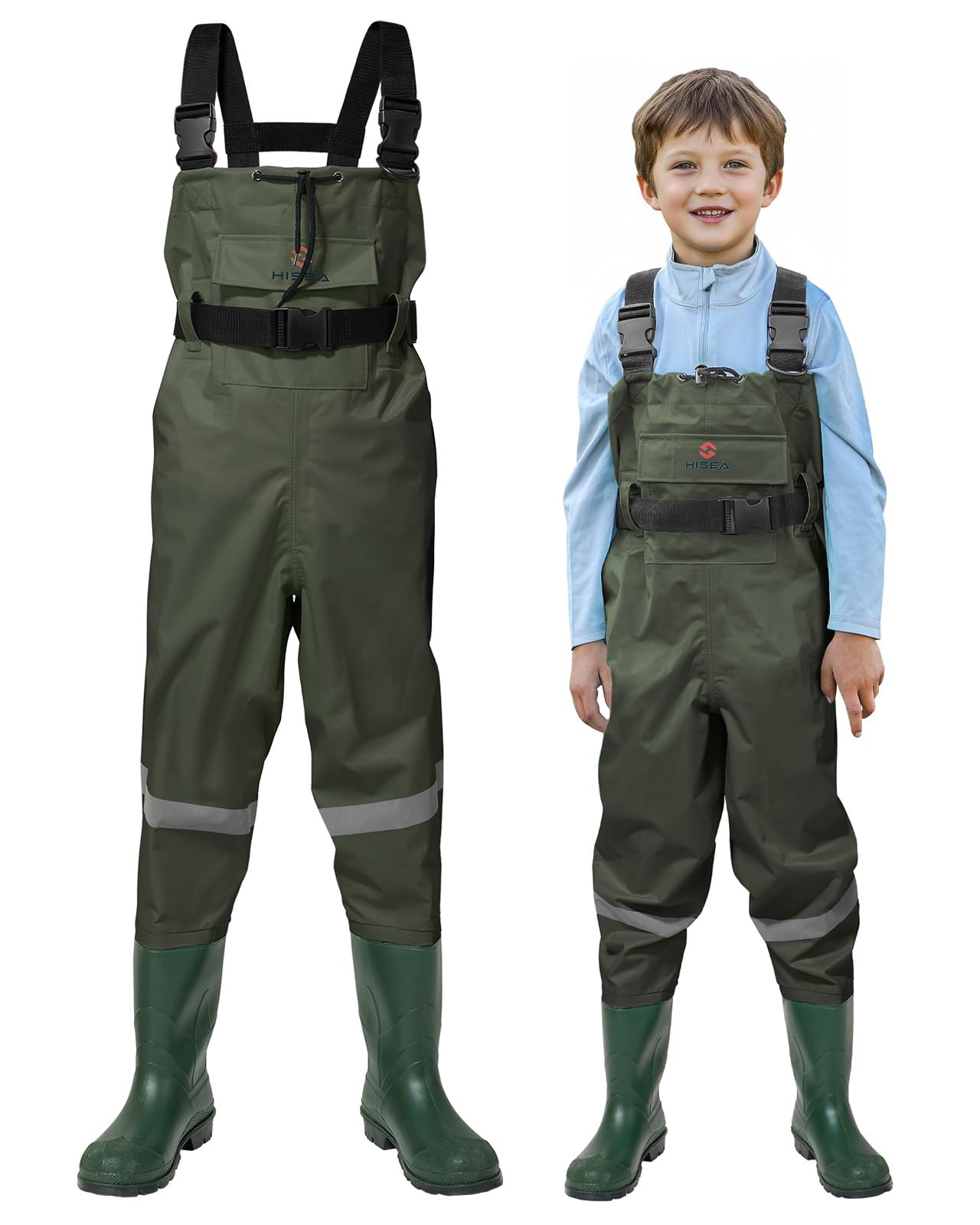 Photo 1 of HISEA Kids Chest Waders with Boots, Youth Waterproof Fishing Wader, PVC Waders for Toddler Children with Reflect Safety Band