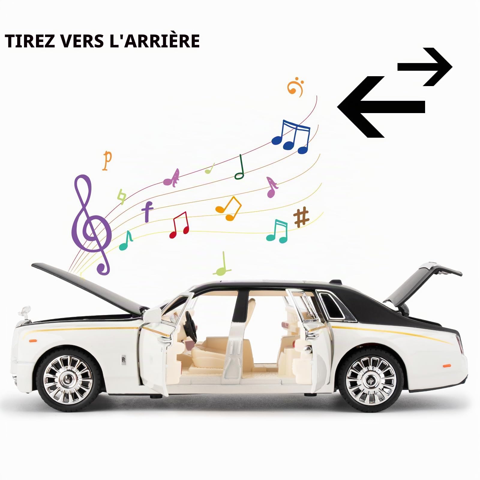 TGRCM-CZ Rolls-Royce Phantom Modèle de voiture à l'échelle 1:24 en alliage de zinc avec traction arrière, jouet Diecast avec son et lumière pour enfants, garçons et filles, cadeau (blanc)