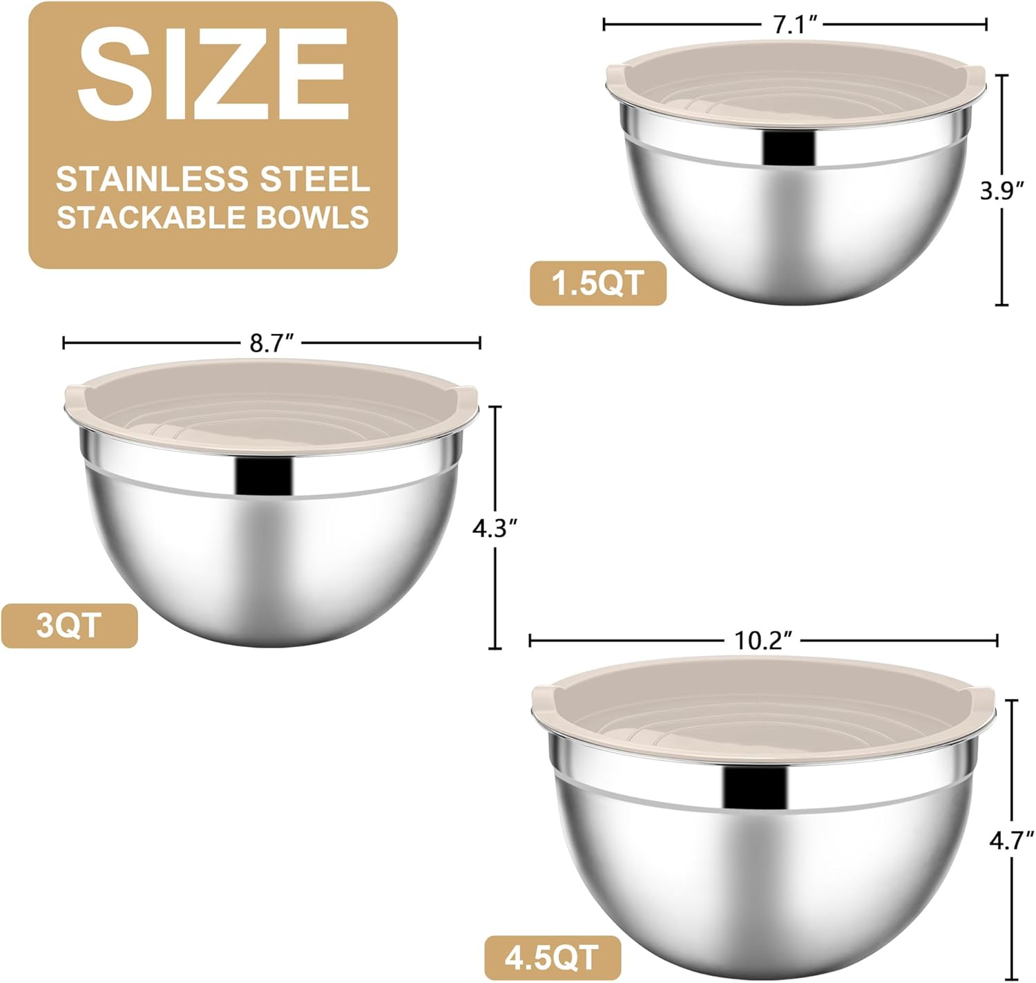 E-far Mixing Bowls with Lids, 6-Piece Stainless Steel Salad Bowls Metal Nesting Bowls for Baking Cooking and Prepping, Airtight Lids & Stackable Design, Size 4.5, 3, 1.5 QT (Khaki) - Image 2